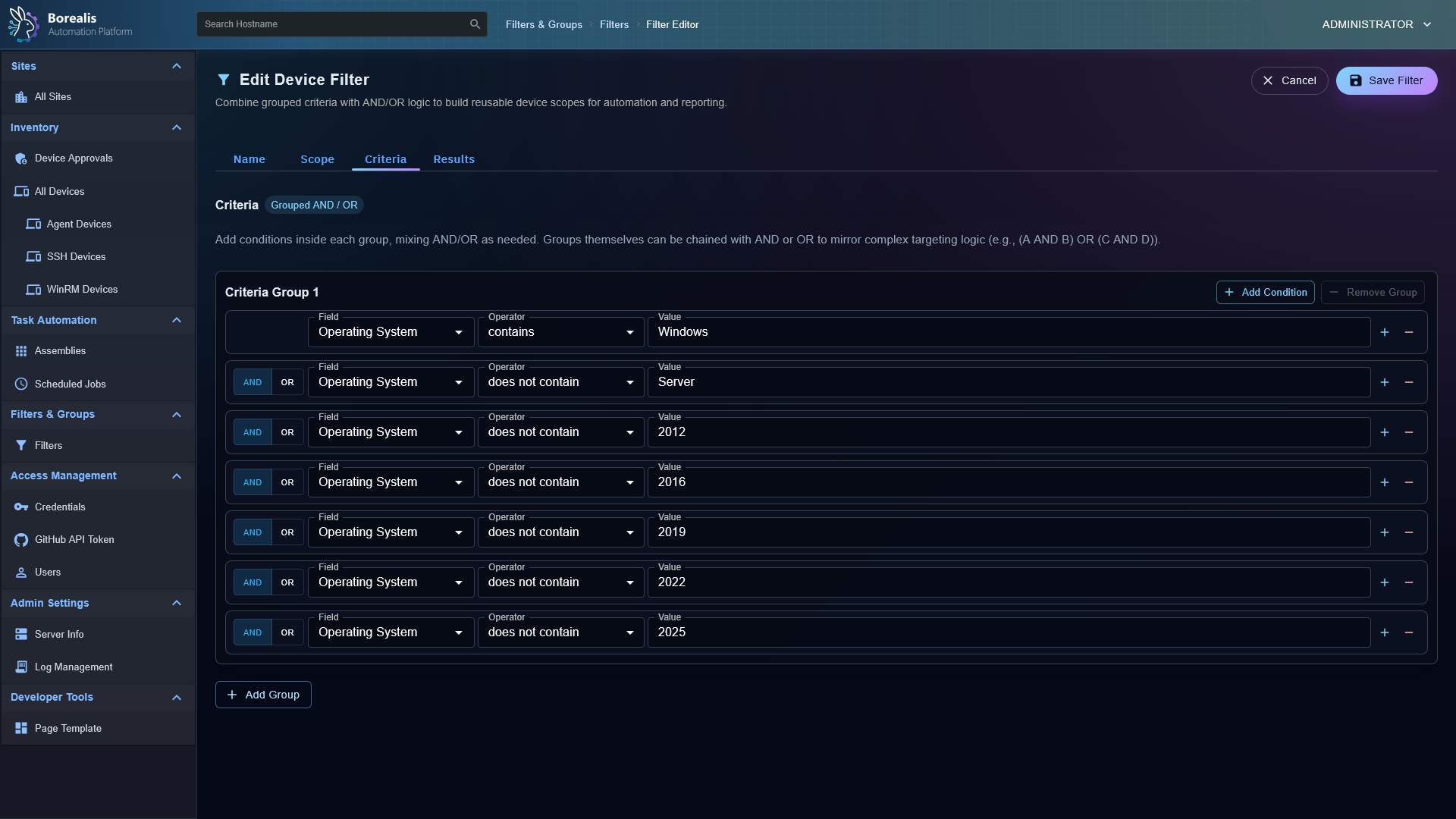 Device Filter Editor